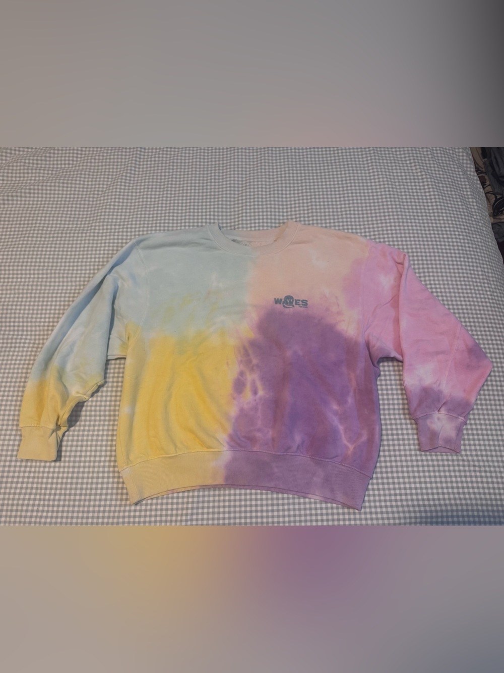 BILLABONG Pastel Tie-Dye Crewneck Sweatshirt Waves in Yellow Blue Purple Pink